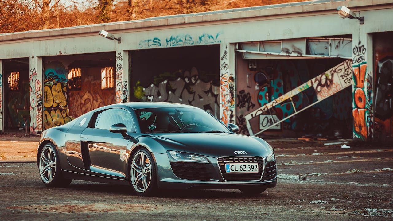 Sleek Audi R8 parked in an urban setting with a vivid graffiti background.